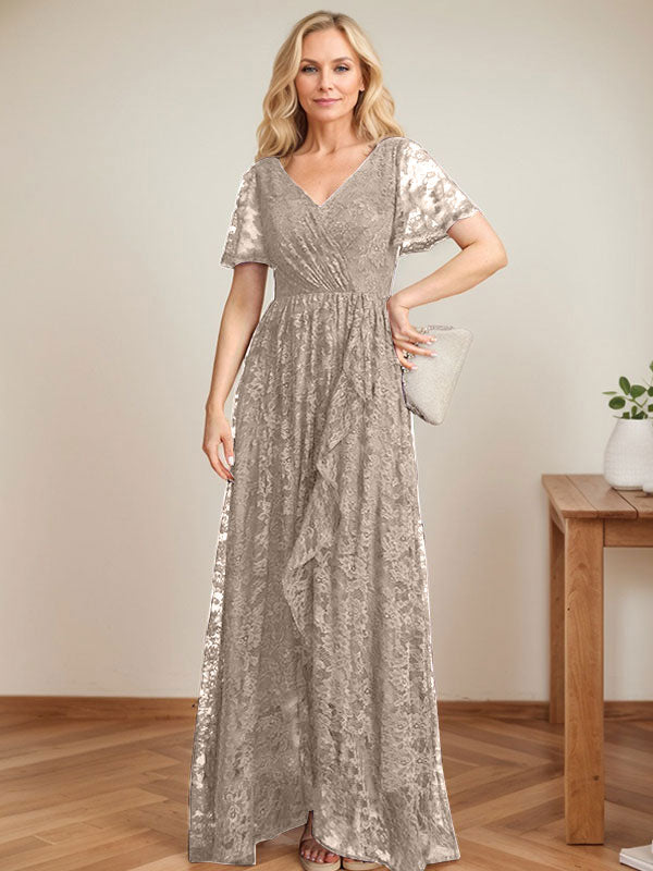 A-Linien Spitzen-Mutter-der-Braut-Kleid mit V-Ausschnitt, asymmetrisch und mit kaskadierenden Rüschen