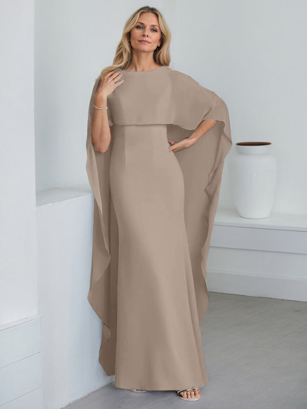 Etui-Kleid mit Rundhalsausschnitt, bodenlang, Chiffon, Mutter-der-Braut-Kleid mit kaskadierenden Rüschen