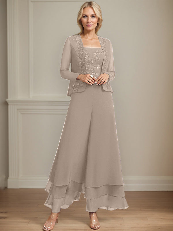 Zweiteiler Jumpsuit/Hosenanzug quadratisch knöchellang Spitze Chiffon Brautmutterkleid mit Pailletten