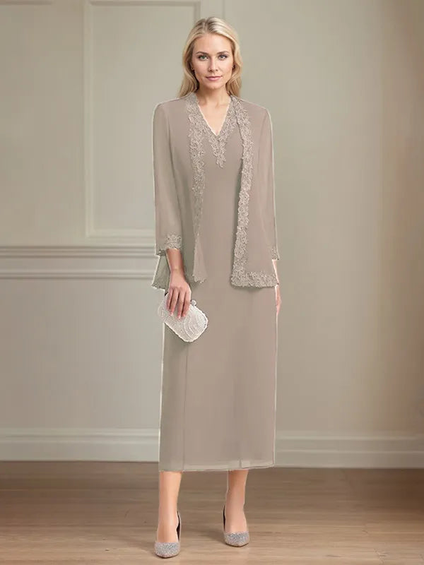 Etui/Column Chiffon V-Ausschnitt 3/4 Ärmel Tea-Length Kleid für die Mutter der Braut