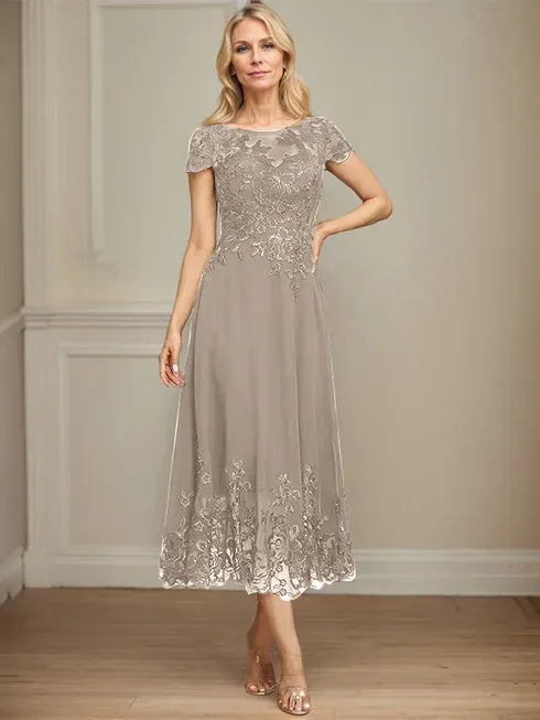A-Linien Illusions Rundhals tea-langes Spitzenchiffon Mutter der Braut Kleid mit Pailletten