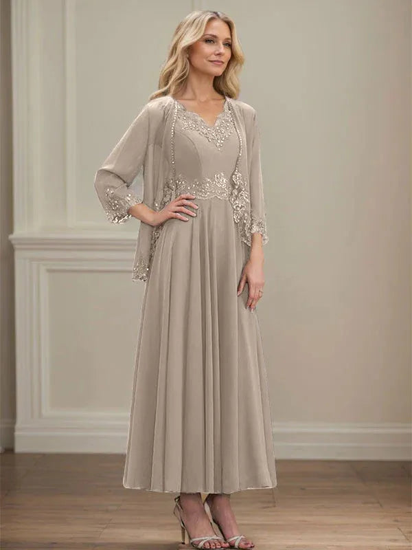 A-Linien Kleid mit V-Ausschnitt, knöchellang, aus Chiffon, Mutter der Braut Kleid mit Pailletten, Applikationen, Spitze und Perlenbesatz