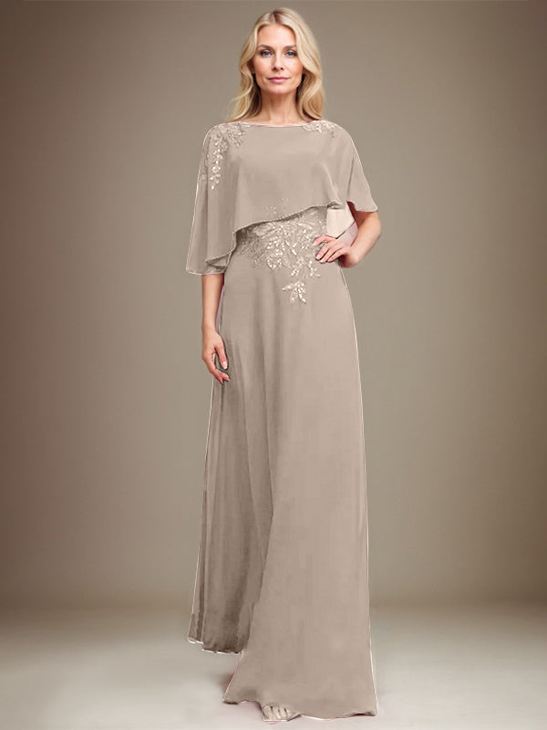 A-Linie Rundhals Bodenlanges Chiffon-Spitzenkleid für die Brautmutter mit Pailletten und Perlen