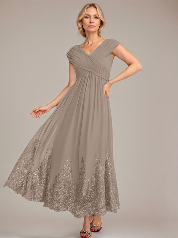 A-Linien V-Ausschnitt Knöchellanges Chiffon Kleid der Brautmutter mit Applikationen und Pailletten