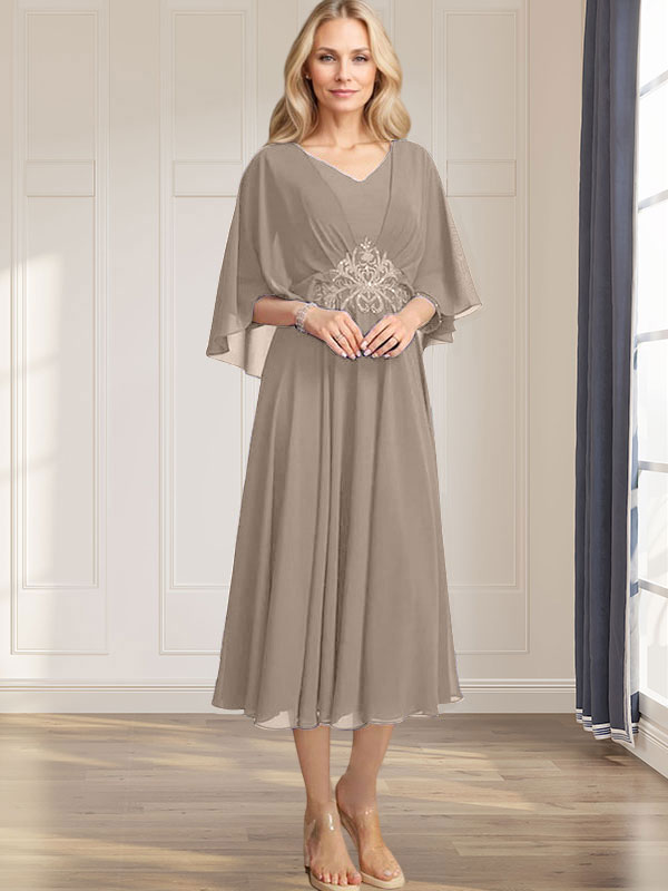 Robe de mère de la mariée en mousseline, longueur thé, col en V, en ligne A, avec appliques plissées, sequins, dentelle et perles
