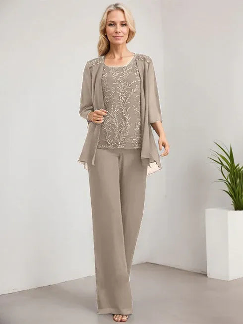 Zweiteiler Jumpsuit/Hosenanzug U-Ausschnitt bodenlanges Spitzen Chiffon Mutter der Braut Kleid mit Pailletten