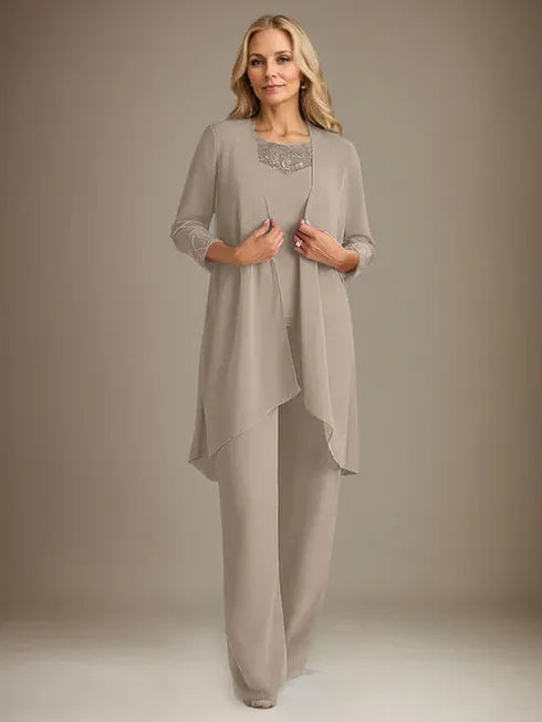 Chiffon Kleid mit Rundhalsausschnitt und langen Ärmeln, Mutter-der-Braut Hosenanzug mit Jacke