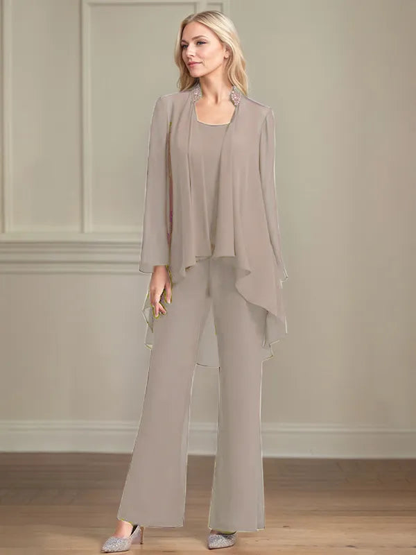 Chiffon Kleid mit Rundhalsausschnitt, langen Ärmeln, bodenlang, Hosenanzug für die Brautmutter