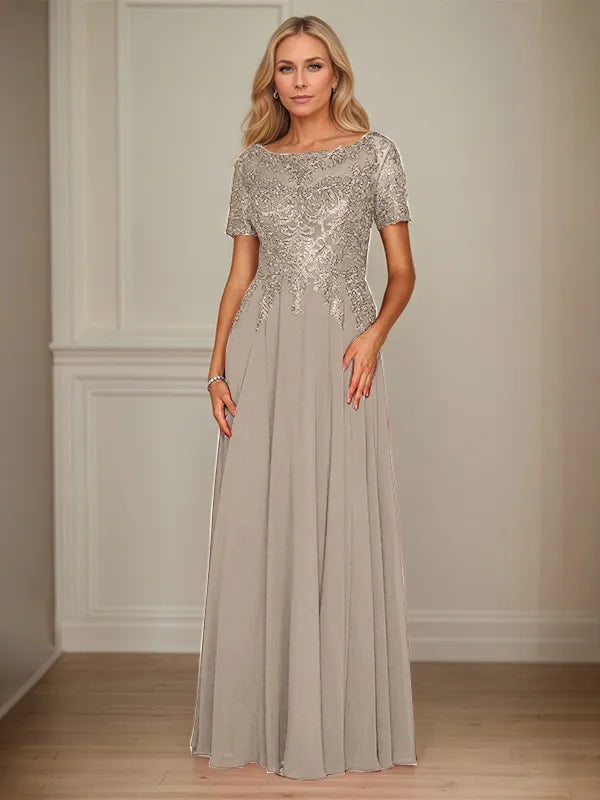 A Line Chiffon Boat Neck Short Sleeves Floor Length Mother of the Bride Dresses