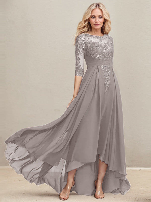 A-Linien Ausschnitt Illusions Asymmetrisches Spitzen-Chiffon Kleid für die Mutter der Braut mit plissierten Pailletten