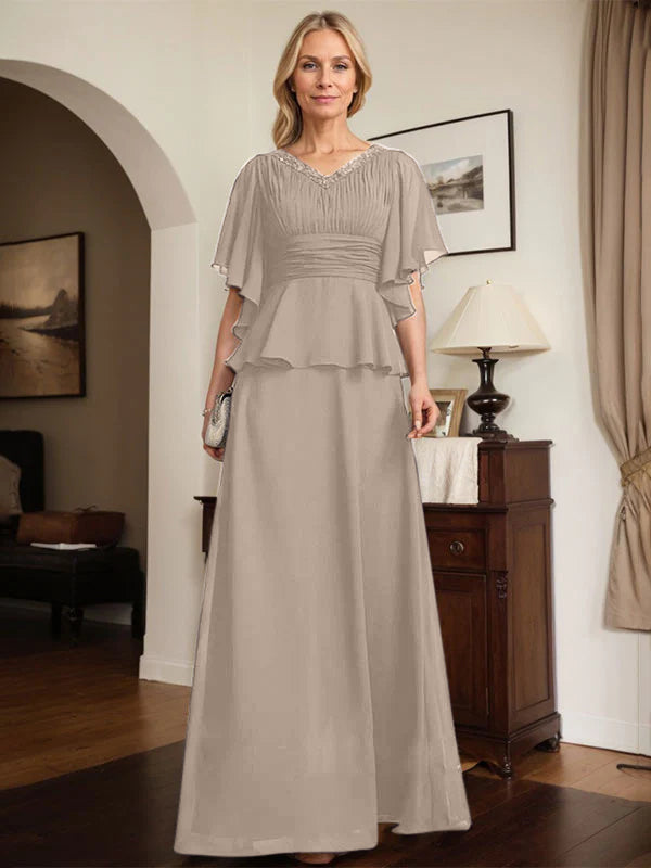 A-Linien Chiffon-Mutter-der-Braut-Kleid mit V-Ausschnitt, bodenlang, plissierte Perlenverzierung