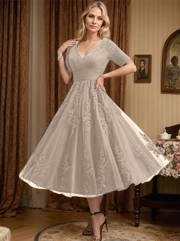 A-line V-Neck Tea-Length Tulle Lace Mother of the Bride Dress With Pleated