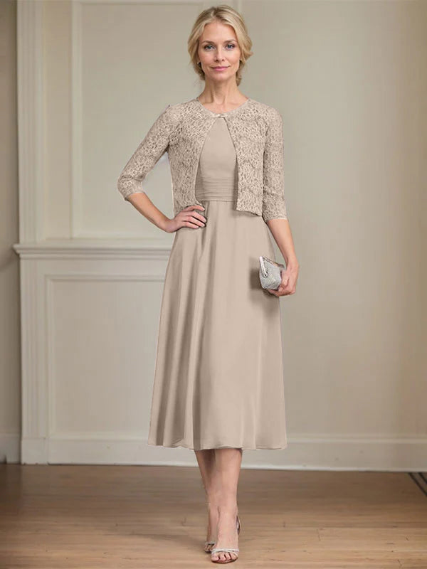 A-Linien Rundhals Tee-Länge Chiffon Kleid für die Mutter der Braut mit Falten