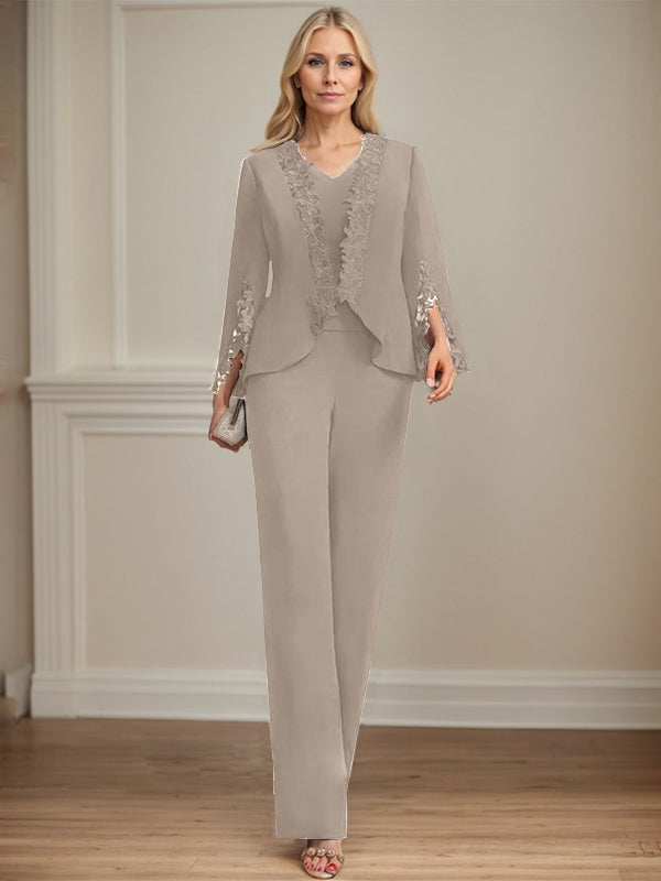 Zweiteiler Jumpsuit/Hosenanzug V-Ausschnitt bodenlanges Chiffon Mutter der Braut Kleid