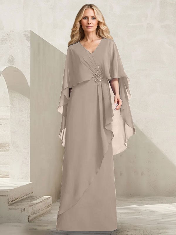 Robe mère de la mariée longue en chiffon coupe trapèze à col en V avec volants en cascade et perles