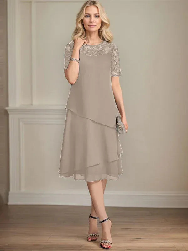 A-Linien Rundhals Illusions-Knie-Länge Spitzen-Chiffon Kleid für die Brautmutter mit Pailletten