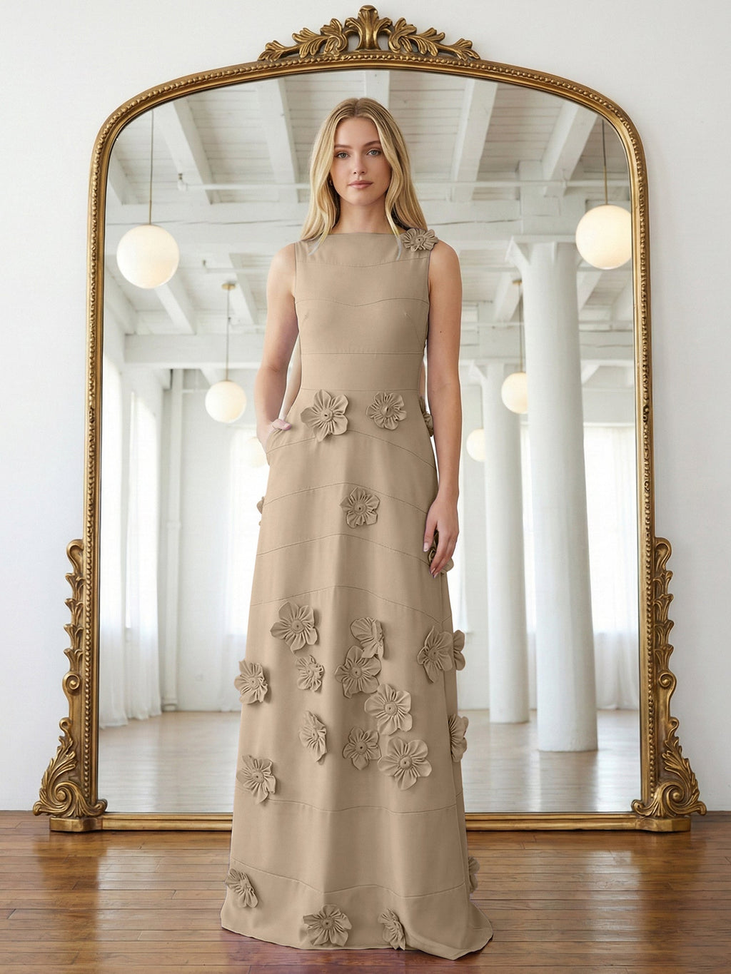Lavendelfarbenes formelles Kleid mit U-Boot-Ausschnitt und herabfließenden 3D-Blumen