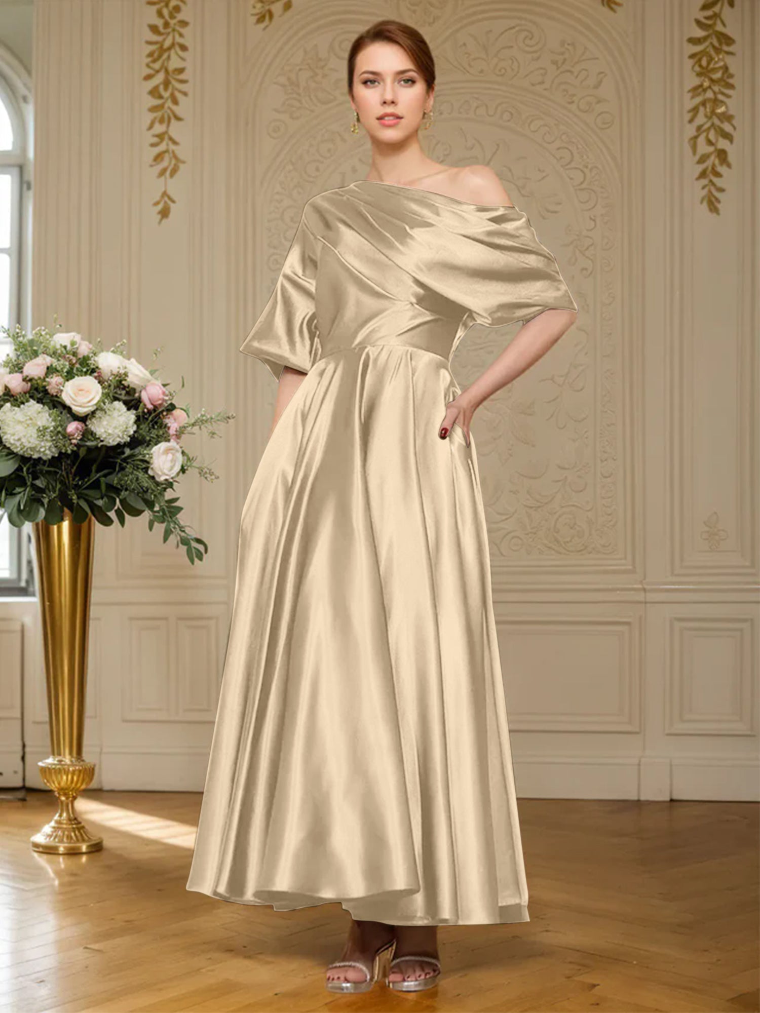 A-Linien Kurzarm plissiertes knöchellanges seidenähnliches Satin Kleid für die Brautmutter