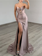 Taupe Strapless Satin Cutout Prom Dress with Crystal Detail