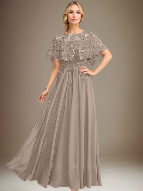 A-Linien Spitzen-Chiffon-Mutter-der-Braut-Kleid mit Bootsausschnitt, bodenlang und Applikations-Pailletten