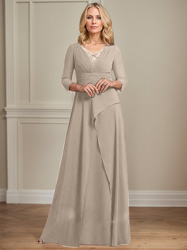 A-Linien Chiffon-Mutter-der-Braut-Kleid mit V-Ausschnitt, bodenlang, plissierte Perlenverzierung