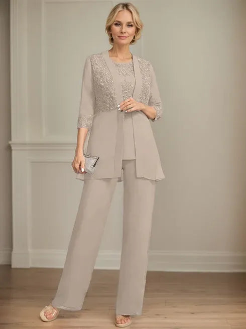 Combinaison/pantalon séparé en mousseline et dentelle, longueur au sol, col rond, robe mère de la mariée avec sequins