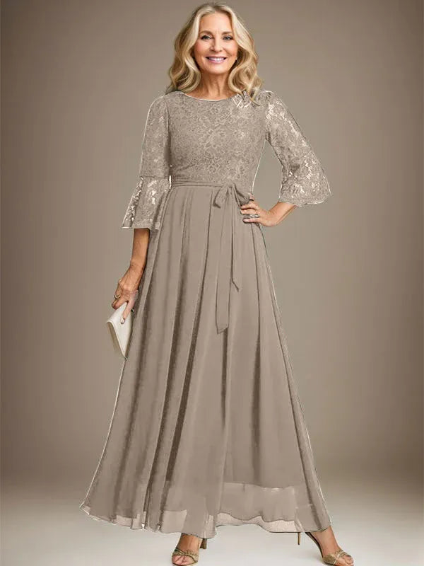 A-line Scoop Ankle-Length Lace Chiffon Mother of the Bride Dress With Bow
