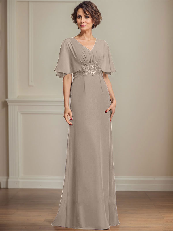 A-Linien Chiffon Mutter-der-Braut-Kleid mit V-Ausschnitt, bodenlang, mit plissierten Pailletten-Applikationen und Spitze