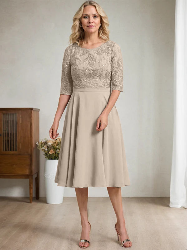 A-Linien Rundhalsausschnitt knielanges Spitzen-Chiffon Kleid für die Mutter der Braut