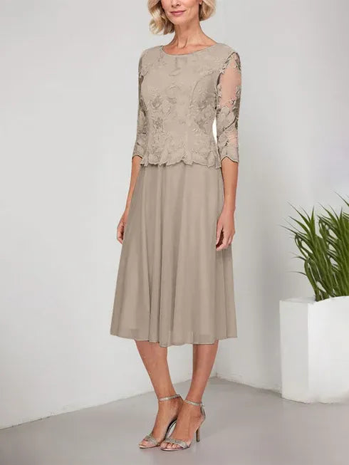 A-Linie Rundhals Tee-Länge Spitze Chiffon Mutter-der-Braut-Kleid mit Stickerei