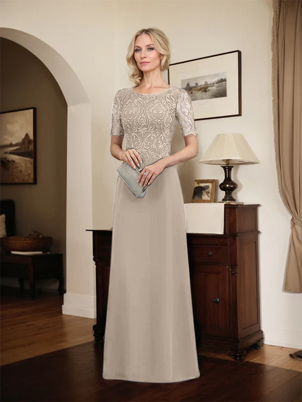 A-Linien Spitzen-Chiffon-Mutter-der-Braut-Kleid mit Rundhalsausschnitt, bodenlang und Pailletten