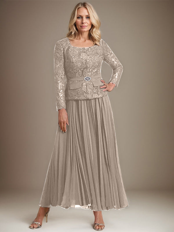 A-Linien-Kleid mit quadratischem Ausschnitt, knöchellang, Chiffon, Mutter der Braut, mit Falten