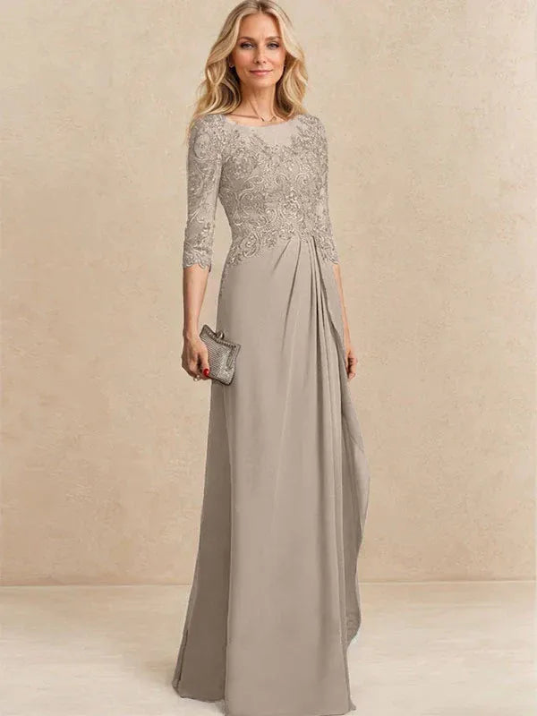 Vestido para la madre de la novia línea A con escote redondo ilusión, largo hasta el suelo, de gasa y encaje con cuentas, lentejuelas y volantes en cascada