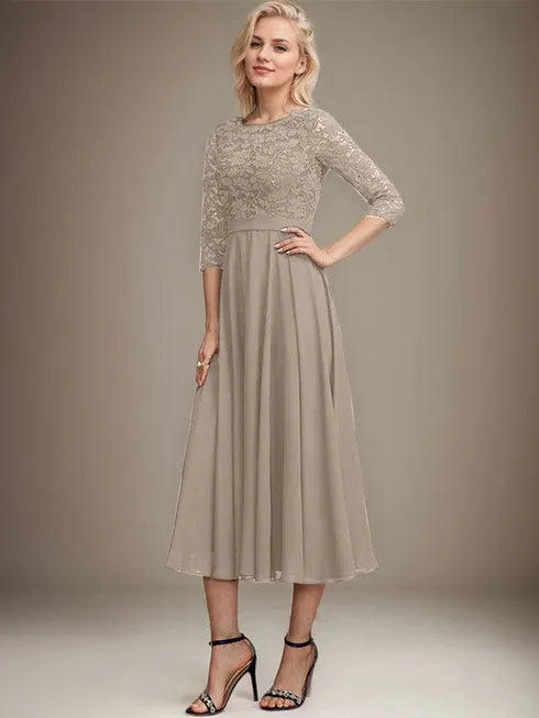 A-Linien Spitzen-Chiffon-Brautmutterkleid mit V-Ausschnitt, tea-length, mit Pailletten