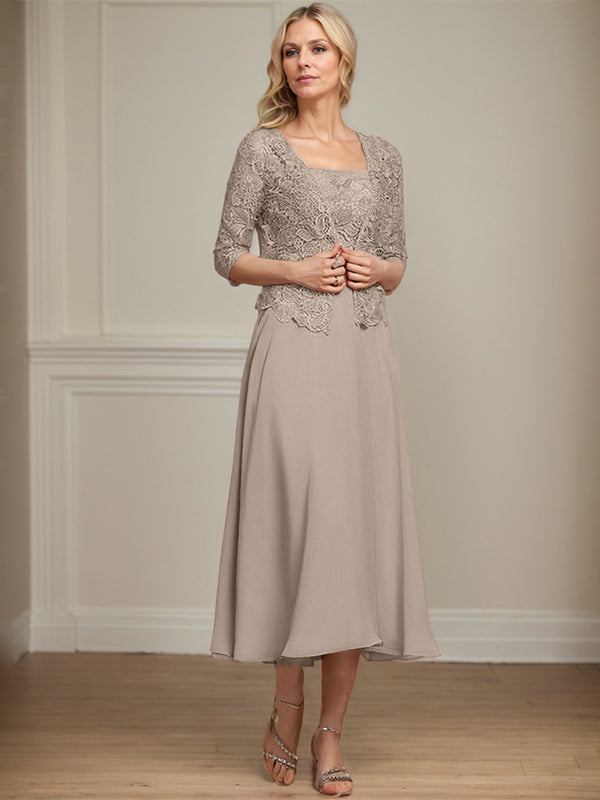 Robe de mère de la mariée en mousseline et dentelle ligne A longueur thé avec perles et sequins