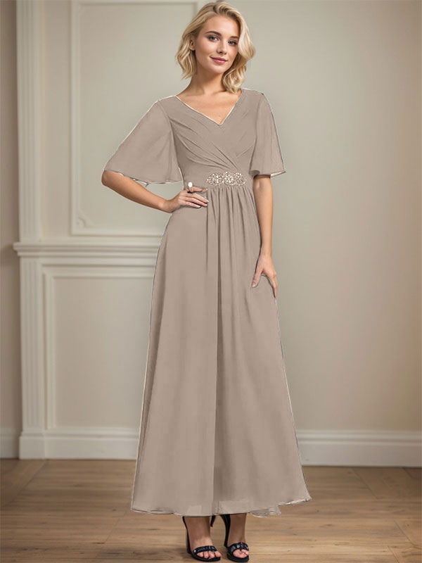 A-Linien V-Ausschnitt Knöchellanges Chiffon Kleid für die Brautmutter mit plissierten Perlen und Pailletten