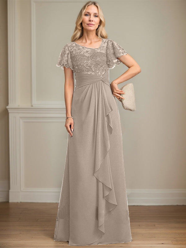 A-Linie asymmetrisches Illusions bodenlanges Spitzen-Chiffon Brautmutterkleid mit kaskadierenden Volants und Pailletten