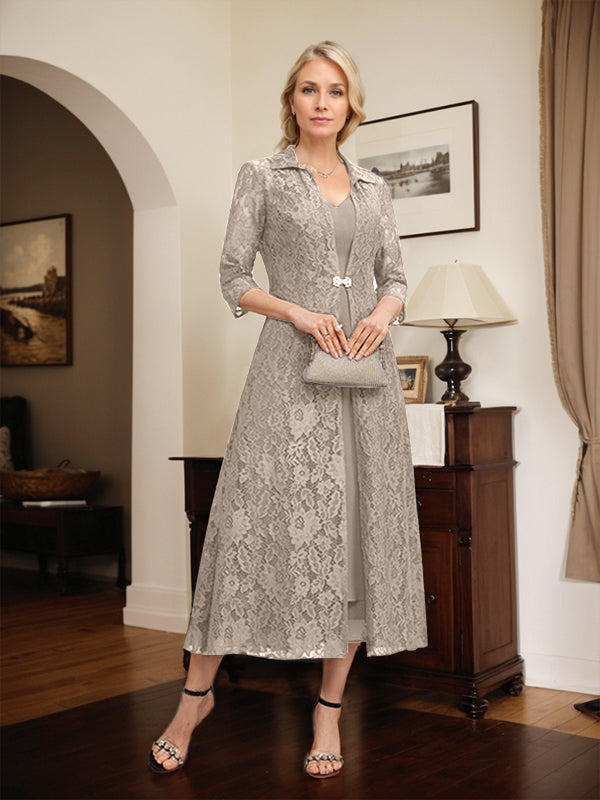 Robe mère de la mariée en mousseline longueur thé à encolure en V et coupe trapèze