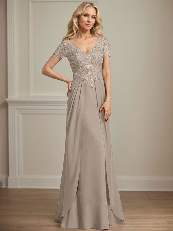 A-Linien Chiffon-Spitzen-Mutter-der-Braut-Kleid mit V-Ausschnitt, bodenlang