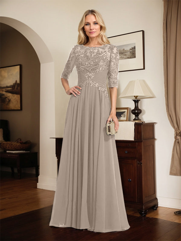 A-Linien Ausschnitt Illusions-Bodenlanges Chiffon-Spitzenkleid für die Mutter der Braut mit plissierten Pailletten
