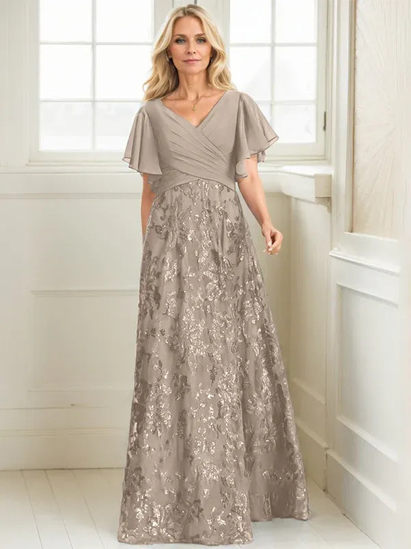 Vestido de madre de la novia en línea A con escote en V, largo hasta el suelo, encaje, lentejuelas y gasa plisada