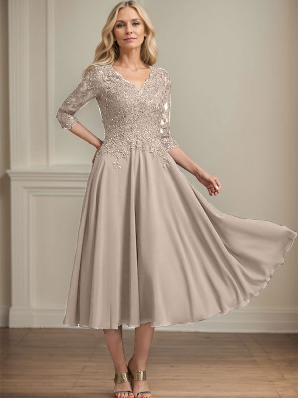 Robe de mère de la mariée en mousseline longueur thé, ligne A, col en V, en dentelle avec perles et sequins