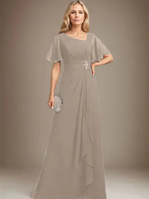 A-Linien asymmetrisches bodenlanges Chiffon Mutter-der-Braut-Kleid mit plissierten Perlen und Pailletten