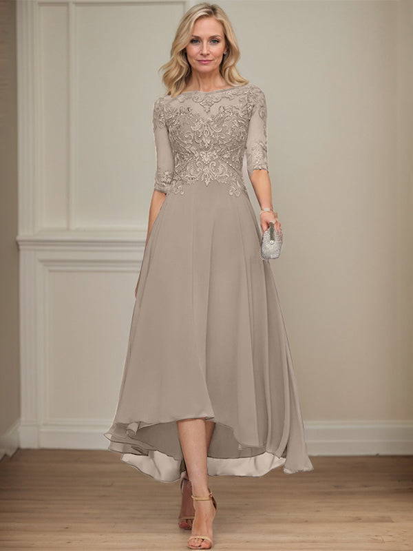 A-Linien Bootsausschnitt Illusionskleid mit asymmetrischem Chiffon-Spitzenstoff, Mutter-der-Braut-Kleid mit Paillettenperlen