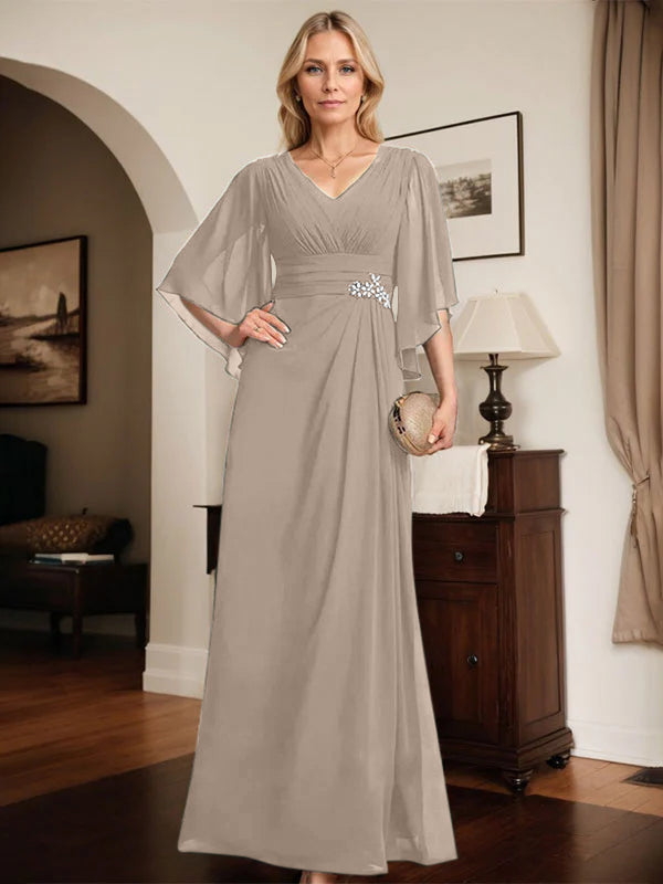 Etuikleid/Säule V-Ausschnitt bodenlanges Chiffon Mutter-der-Braut-Kleid mit plissierten Pailletten und Perlen