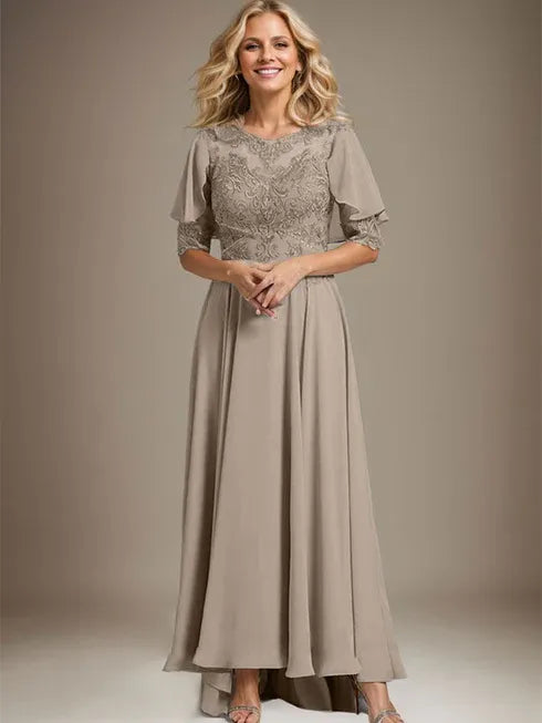 A-Linien Kleid mit Scoop-Ausschnitt, Illusion, asymmetrischem Chiffon und Spitzen, Mutter-der-Braut-Kleid mit Perlenbesatz