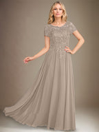 Robe de mère de la mariée en chiffon à coupe évasée, encolure arrondie, longueur au sol, avec appliques et sequins