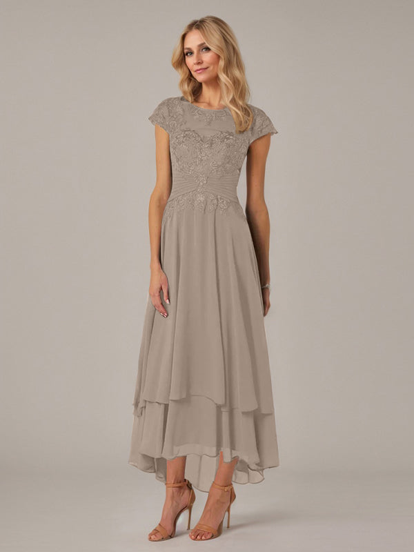 A-Linien Boot-Ausschnitt Illusions asymmetrisches Chiffon-Spitzen Mutterkleid der Braut mit Applikationsfalten