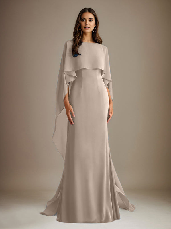 Etuikleid/Säulenkleid Bootsausschnitt bodenlanges Chiffon Mutter-des-Braut-Kleid mit kaskadierenden Rüschen