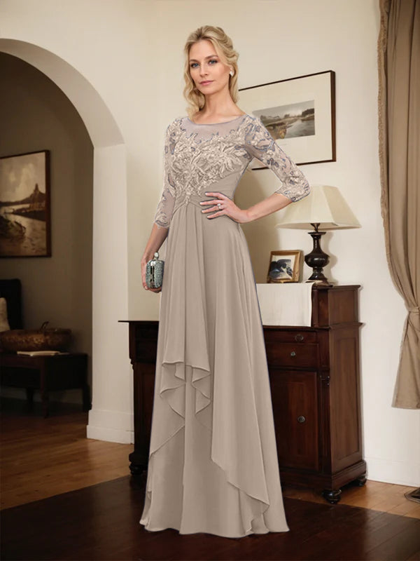 Robe mère de la mariée en ligne A avec col rond illusion, dentelle et chiffon longueur sol avec volants en cascade